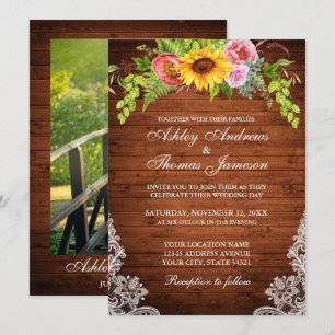 Rustic Wood Sunflower Floral Lace Photo Wedding Invitation