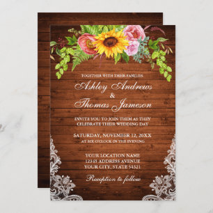 Rustic Wood Sunflower Floral Lace Wedding Invitation