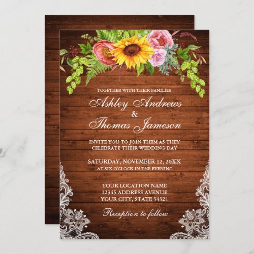 Rustic Wood Sunflower Floral Lace Wedding Invitation