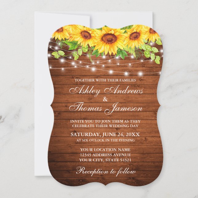 Rustic Wood Sunflower Floral String Lights Invitation (Front)