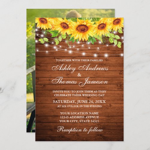 Rustic Wood Sunflower Floral String Lights Photo Invitation