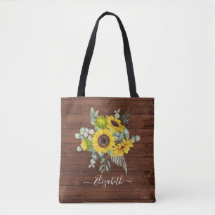 Rustic Wood Sunflower Floral Watercolor Tote Bag