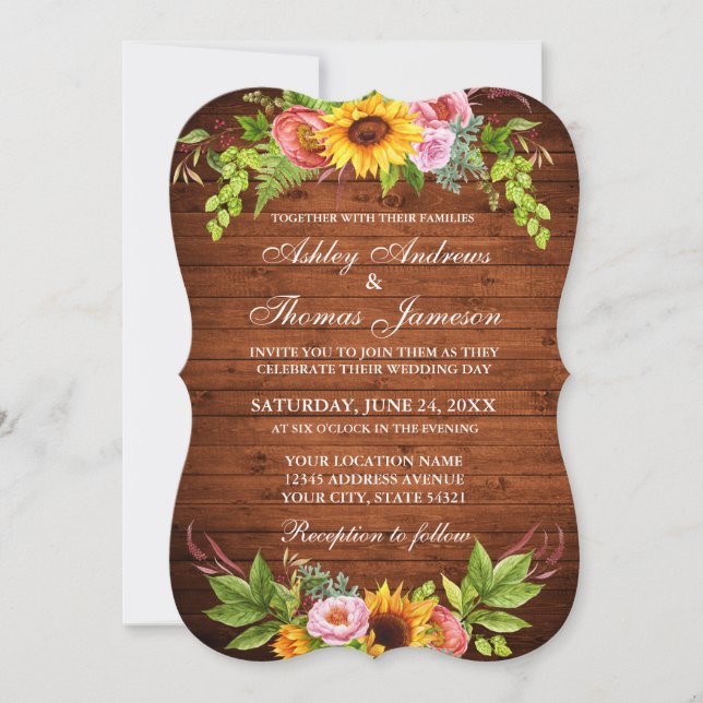 Rustic Wood Sunflower Floral Wedding Invitation (Front)