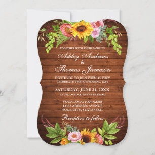 Rustic Wood Sunflower Floral Wedding Invitation