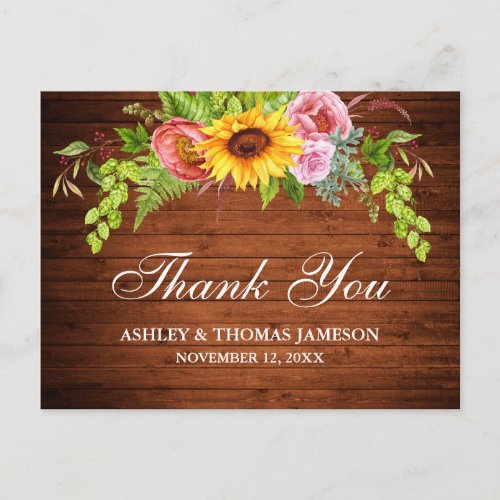 Rustic Wood Sunflower Floral Wedding Thank You Postcard