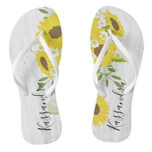 Rustic Wood Sunflower Flowers Flip Flops