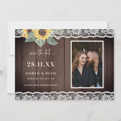 Rustic Wood Sunflower  Lace Photo Save The Date