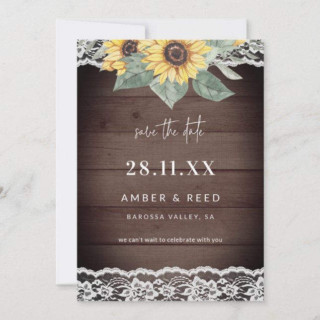 Rustic Wood Sunflower & Lace Save The Date (Front)