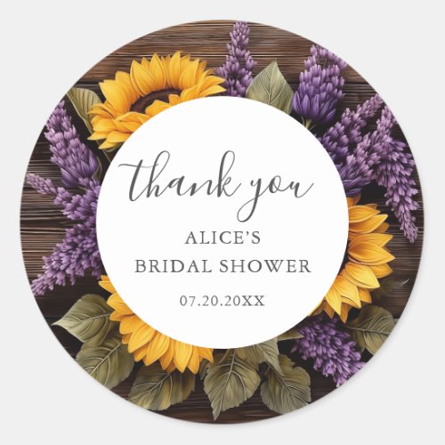 Rustic Wood Sunflower Lavender Bridal Shower Classic Round Sticker