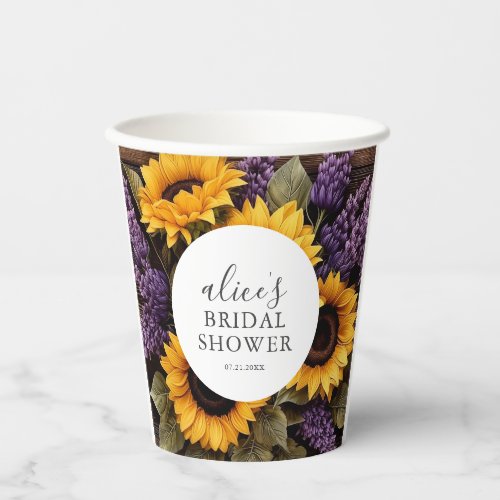 Rustic Wood Sunflower Lavender Bridal Shower Paper Cups