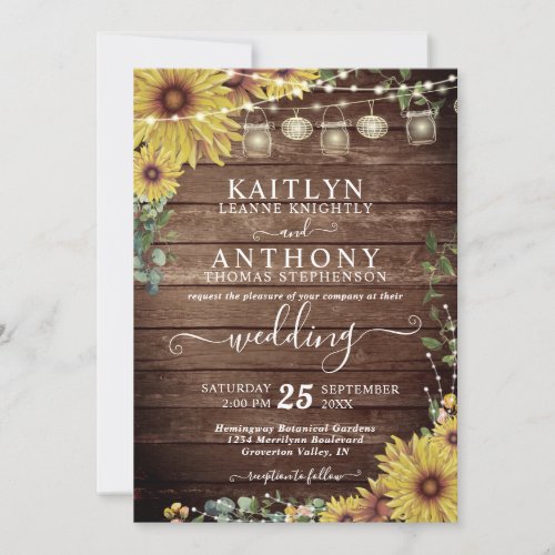 Rustic Wood Sunflower Lights Mason Jars Wedding Invitation