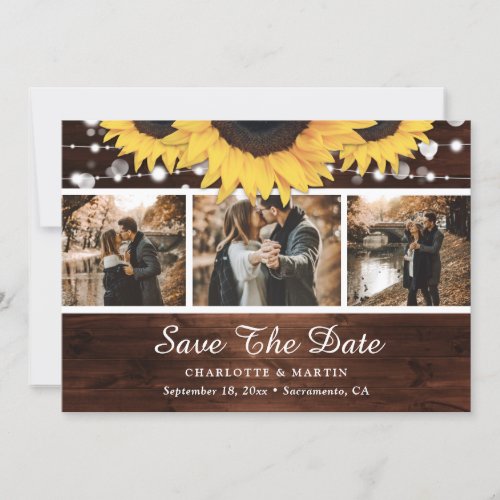 Rustic Wood Sunflower Lights Wedding Photo Collage Save The Date