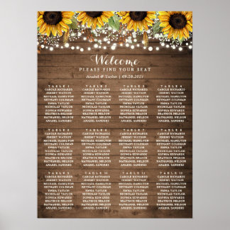 Rustic Wood Sunflower Lights Wedding Seating Chart