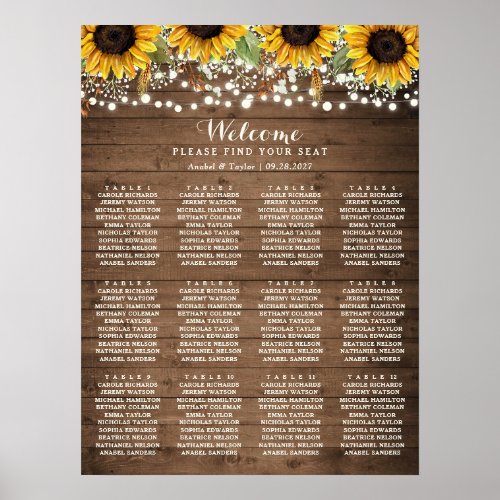 Rustic Wood Sunflower Lights Wedding Seating Chart
