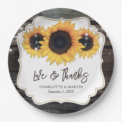 Rustic Wood Sunflower Love and Thanks Wedding Paper Plates
