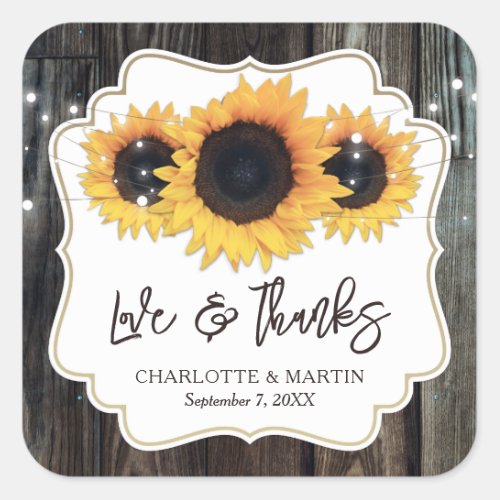 Rustic Wood Sunflower Love and Thanks Wedding Square Sticker