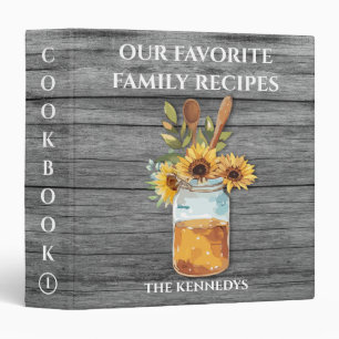 Rustic Wood Sunflower Mason Jar Family Cookbook  3 Ring Binder