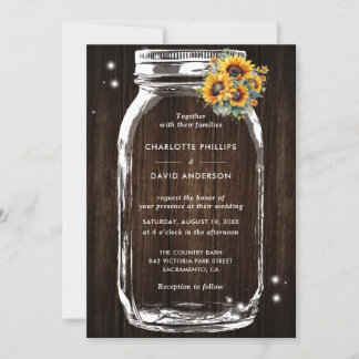 Rustic Wood Sunflower Mason Jar Wedding Invitation