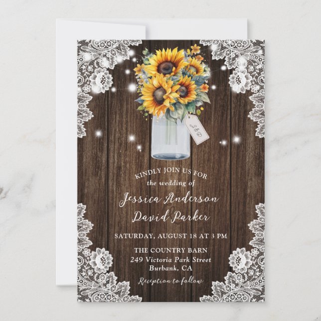 Rustic Wood Sunflower Mason Jar Wedding Invitation (Front)