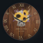 Rustic Wood Sunflower Modern Wedding Anniversary Large Clock<br><div class="desc">A rustic, modern, elegant, personalized wedding anniversary keepsake clock featuring a lush bouquet of sunflowers, lavender, baby's breath and wheat in a rustic wood pot over a rustic wood boards background. A nice custom wedding gift for a 5th, wooden wedding anniversary but it can be customized for any wedding anniversary...</div>