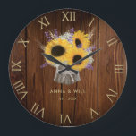 Rustic Wood Sunflower Modern Wedding Anniversary Large Clock<br><div class="desc">A rustic, modern, elegant, personalized wedding anniversary keepsake clock featuring a lush bouquet of sunflowers, lavender, baby's breath and wheat in a rustic wood pot over a rustic wood boards background. A nice custom wedding gift for a 5th, wooden wedding anniversary but it can be customized for any wedding anniversary...</div>