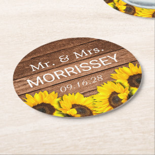 Rustic Wood Sunflower Mr and Mrs Wedding Favor Round Paper Coaster