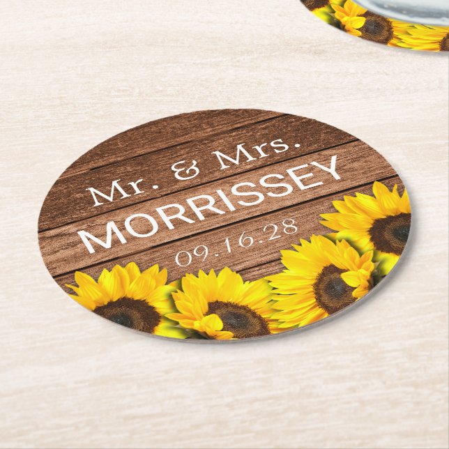 Rustic Wood Sunflower Mr and Mrs Wedding Favor Round Paper Coaster (Angled)