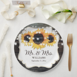 Rustic Wood Sunflower Mr and Mrs Wedding Paper Plates