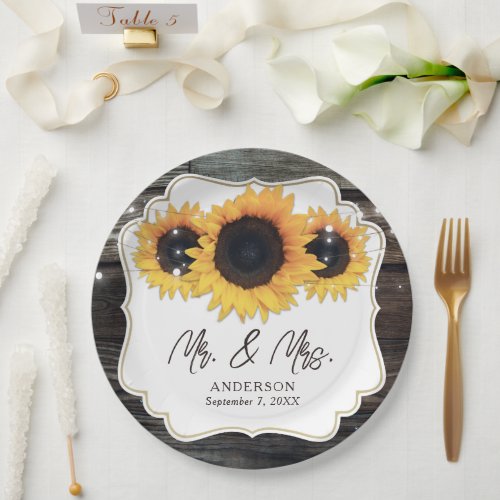 Rustic Wood Sunflower Mr and Mrs Wedding Paper Plates