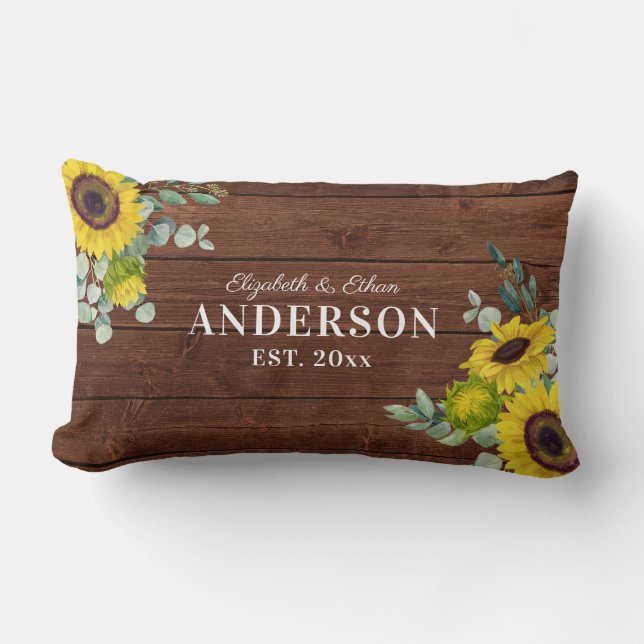 Rustic Wood Sunflower Mr Mrs Newlywed Throw Pillow (Front)