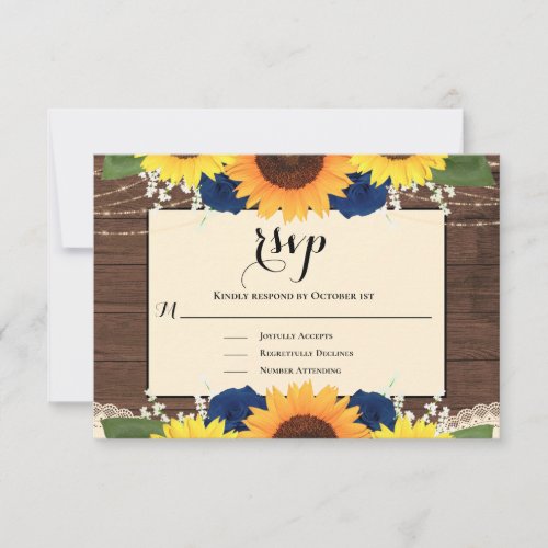 Rustic Wood Sunflower Navy Blue Roses Wedding RSVP