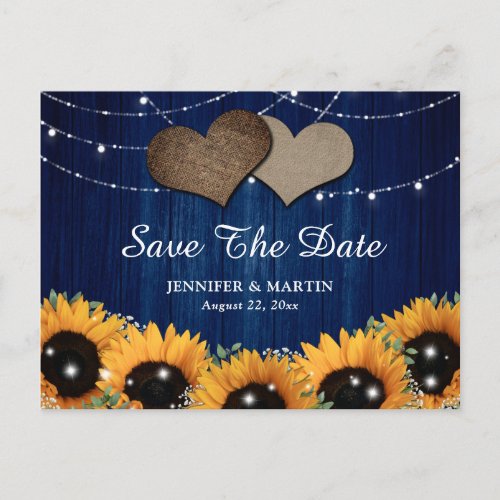 Rustic Wood Sunflower Navy Blue Wedding Announcement Postcard