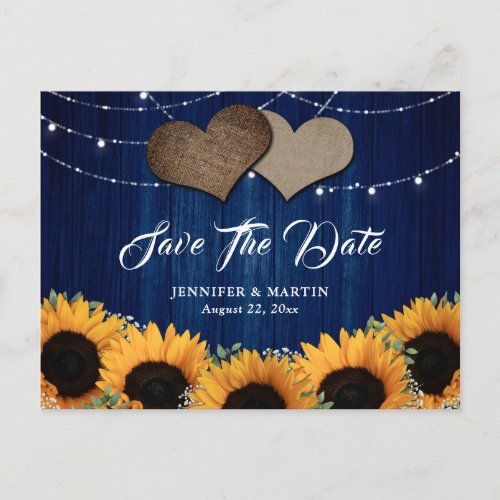 Rustic Wood Sunflower Navy Blue Wedding Announcement Postcard