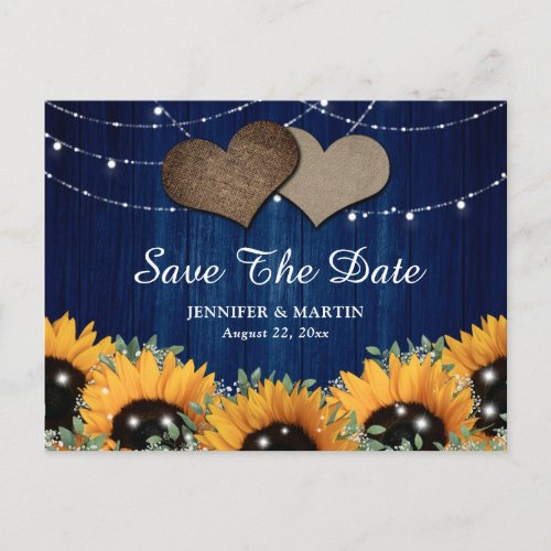 Rustic Wood Sunflower Navy Blue Wedding Announcement Postcard