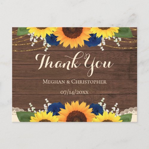 Rustic Wood Sunflower Navy Roses Wedding Thank You Postcard