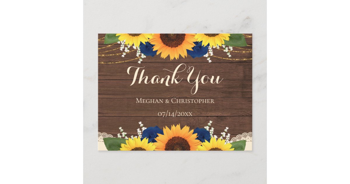 Rustic Wood Sunflower Navy Roses Wedding Thank You Postcard | Zazzle