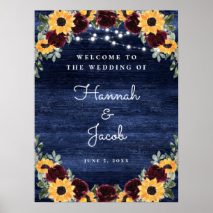 Rustic Wood Sunflower Navy String Lights Wedding Poster