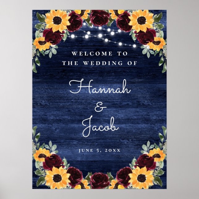 Rustic Wood Sunflower Navy String Lights Wedding Poster (Front)