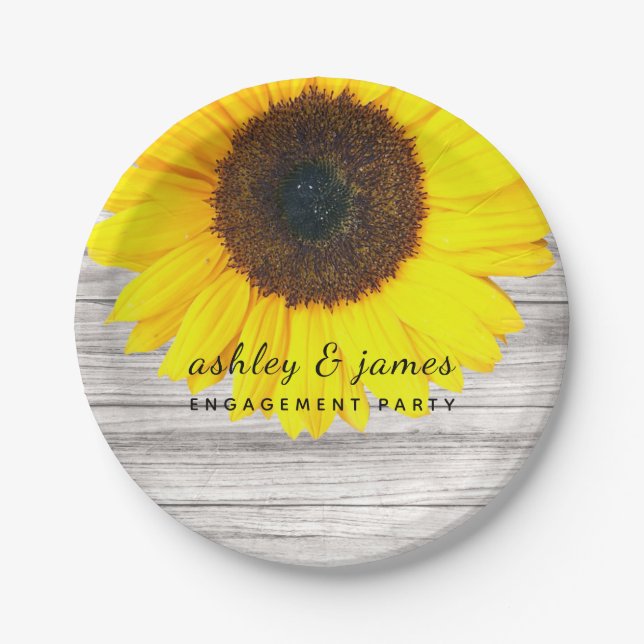 Rustic Wood Sunflower Personalized Paper Plates (Front)
