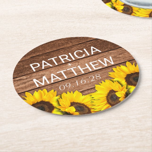 Rustic Wood Sunflower Personalized Wedding Favor Round Paper Coaster (Angled)