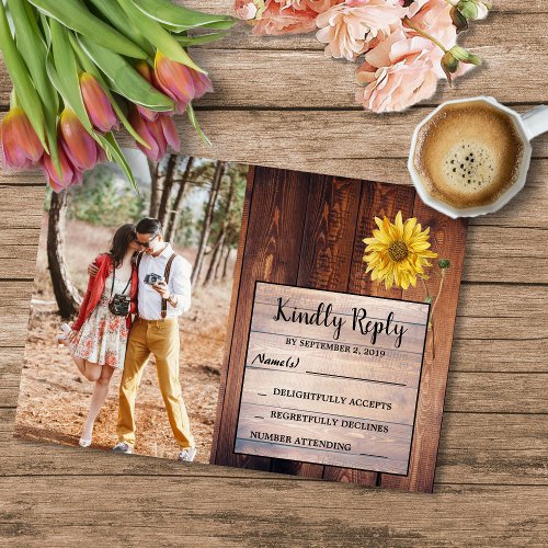 Rustic wood sunflower photo country RSVP Wedding Invitation