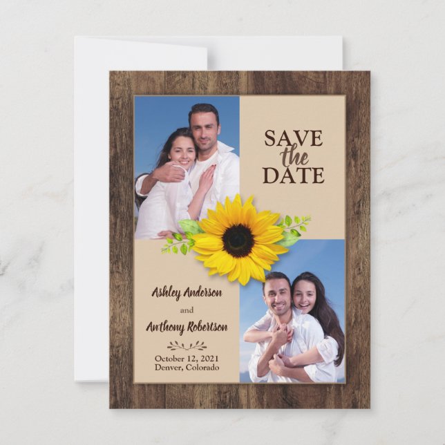 Rustic Wood Sunflower Photo Save the Date Announcement (Front)