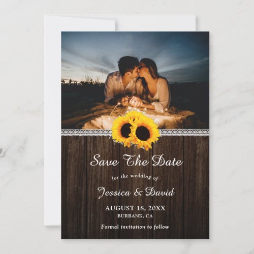 Rustic Wood Sunflower Photo Save The Date Cards