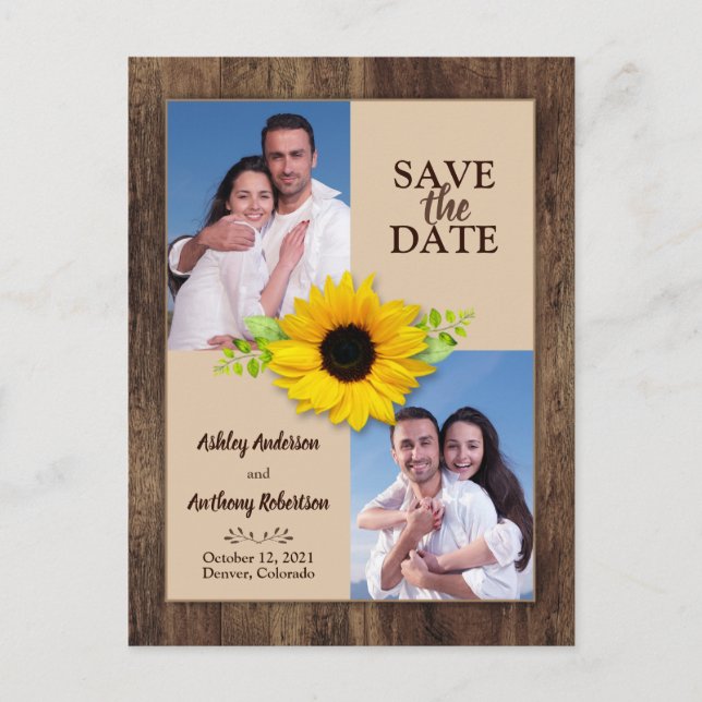Rustic Wood Sunflower Photo Save the Date Postcard (Front)