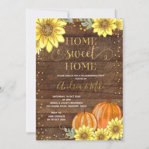 Rustic Wood Sunflower Pumpkin Housewarming Party Invitation