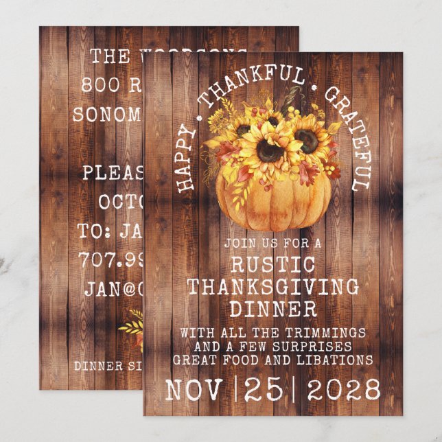 Rustic Wood Sunflower Pumpkin Thanksgiving Dinner Invitation (Front/Back)