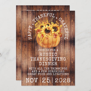 Rustic Wood Sunflower Pumpkin Thanksgiving Dinner Invitation