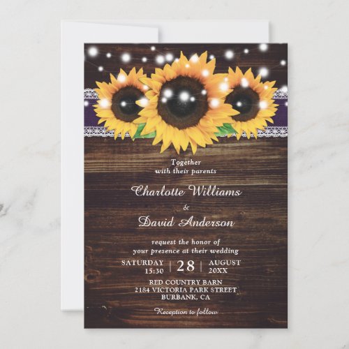 Rustic Wood Sunflower Purple Wedding Invitation