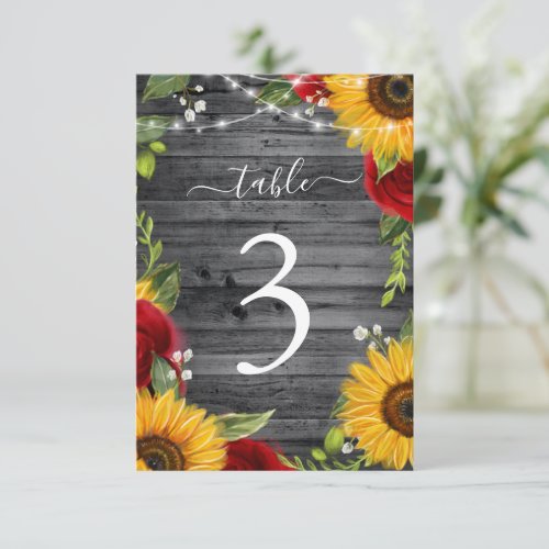 Rustic Wood Sunflower Red Rose Wedding Table Cards