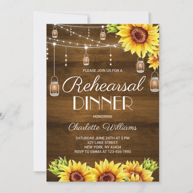 Rustic Wood Sunflower Rehearsal Dinner Invitation (Front)